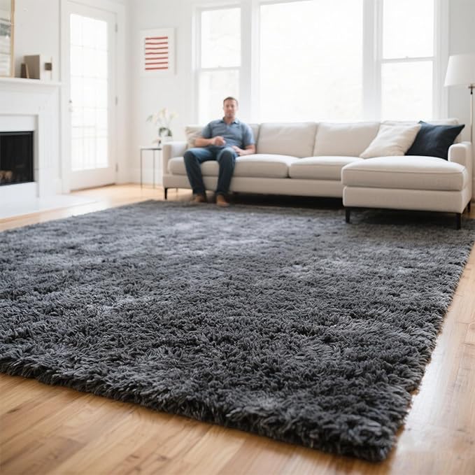 Grey Fluffy 9x12 Area Rug for Living Room, Plush Shag Rugs for Bedroom, Large Soft Furry Carpets for Kids Room, Modern Indoor Nursery Carpet for Classroom Dorm Cozy Comfy Home Decor