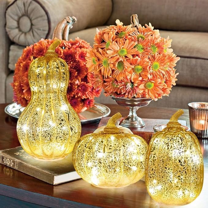 NEEDOMO Lighted Glass Pumpkin Decor, Set of 3 Gold Mercury Glass Pumpkins with Lights and Timer for Fall Thanksgiving Decorations, LED Collectible Figurines Fall Centerpiece for Tables Home