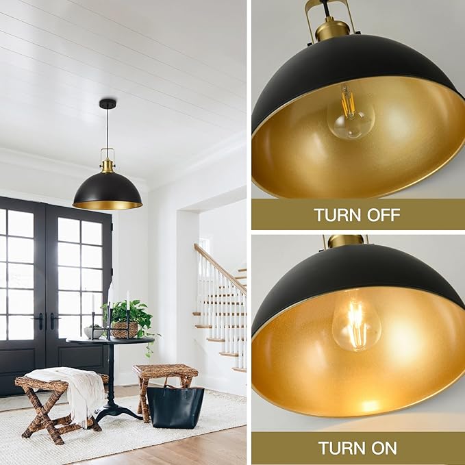 18 Inch Black Farmhouse Pendant Lights for Kitchen Island Industrial Pendant Lighting Adjustable Height Vintage Dome Hanging Light Fixtures for Barn, Dining Room
