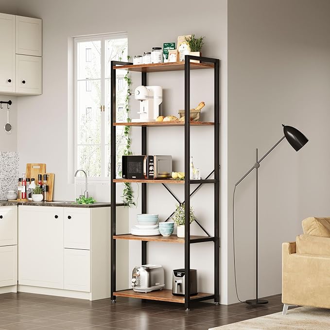 Casaottima Book Shelf, 5 Tier Bookshelf, Modern Wood Bookcase Shelves for Bedroom, Industrial Display Shelf for Living Room Home Office Kitchen, Standing Shelving Unit Storage Organizer, Vintage