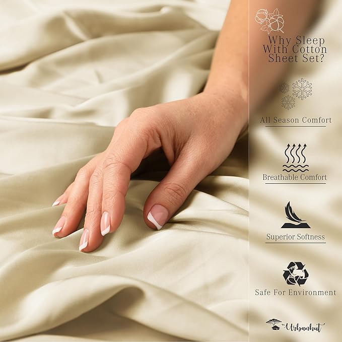 URBANHUT 700 Thread Count Egyptian Cotton Sheets Twin Size, 4Pc Sheet Set Soft Luxury Bed Sheets for Twin Size Bed, Sateen Weave Hotel Sheets, 14'' Elasticized Deep Pocket - Sand
