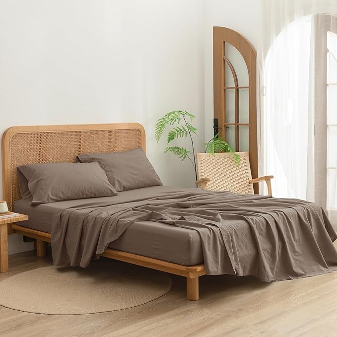 BESTOUCH Sheet Set 100% Washed Cotton Linen Feel Super Soft Comfortable Chic Lightweight 4 Pcs Home Bedding Set Solid Pine Bark Brown Full