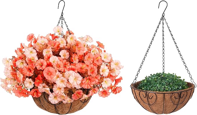 Artificial Fake Hanging Flowers with Basket for Fall Decoration, 12 Bundles Faux Silk Morning Glory Plants for Outdoor Planters, Realistic UV Resistant Artificial Flowers for Outside Porch Garden