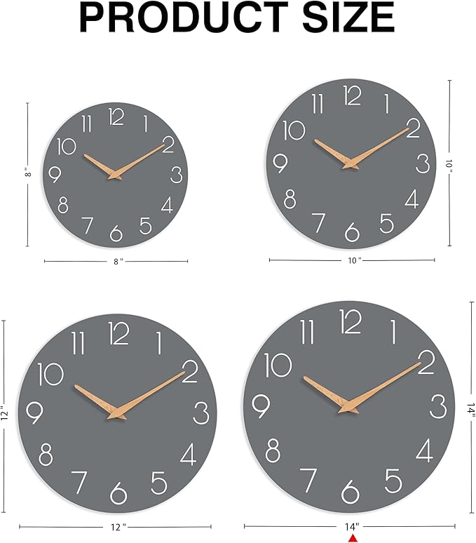Wall Clock, 14 Inch Wooden Silent Non-Ticking, Decorative Battery Operated Wall Clocks for Bedroom, Kitchen, Home, Living Room, Office, School, Hotel (Gray)