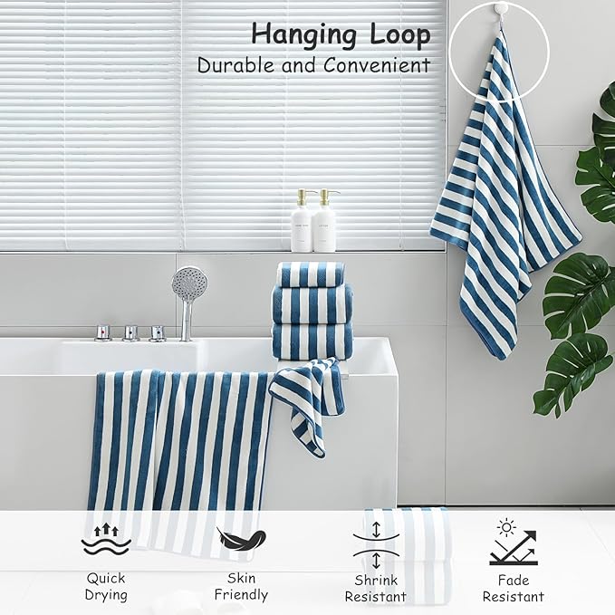 18 Pcs Navy Cabana Stripe Family Towels Set with Hanging Loop-6 Bath Sheets,6 Hand Towels,6 Washcloths Ultra Soft Bathroom Towel Highly Absorbent Quick Dry Shower Towel for Beach Chair,Spa,Gym,Hotel