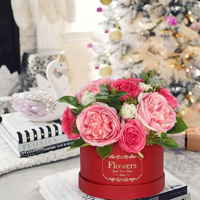 Hollyone Red Pink Artificial Peonies Roses in Vase Round Gift Boxes with Fake Flowers Arrangements Faux Flowers Floral in Box Vase for Her Mothers' Day Valentine's Day Christmas Birthday Gift