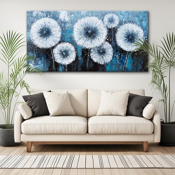 Modern Dandelion Wall Art for Living Room Office Navy Blue White Floral Canvas Painting Prints Large Flower Artwork Kitchen Bedroom Decor (23x46 Inches)