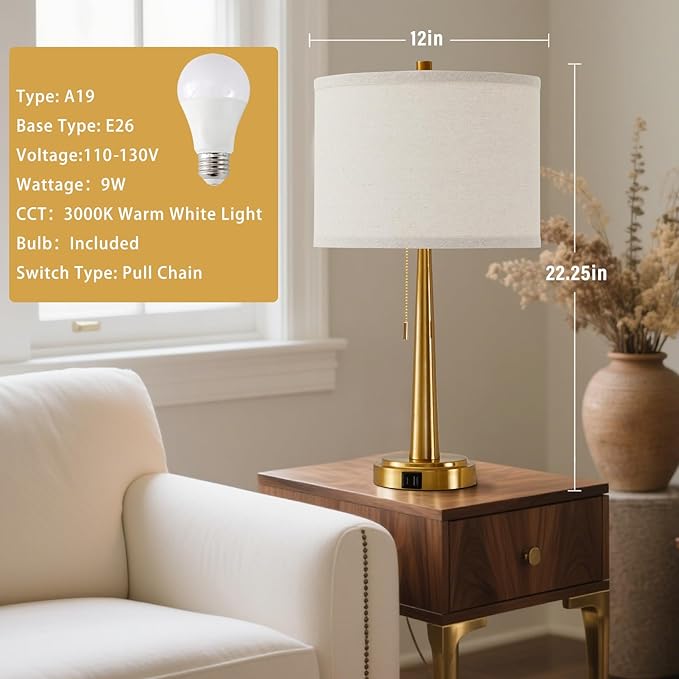 GyroVu 22 Inches Table Lamps, Bedside Lamps with USB and C Ports, Nightstand Lamp with Pull Chain, Gold Lamp Set of 2 for Living Room, Bedroom & Office, Bulbs Included(Gold)