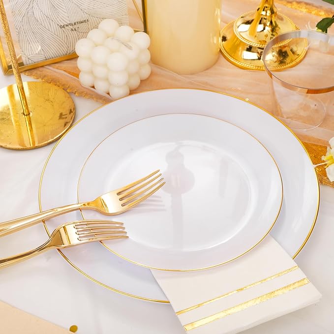 Festiva 176Pcs White and Gold Plastic Plates - White with Gold Rim Dinnerware Set - 25Guest include Plates Cups Cutlery Napkins forThanksgiving Party&Wedding& New Year