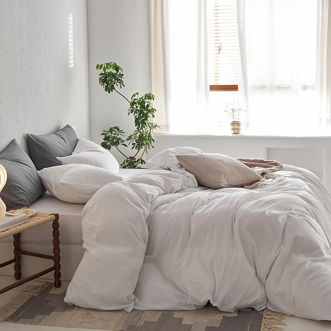MooMee Twin Duvet Cover Set, 100% Washed Cotton Linen Like Twill Thick Sturdy Material Super Soft Breathable Durable Bedding for All Season, 2 Pieces (Bright White, Twin 68"x90")