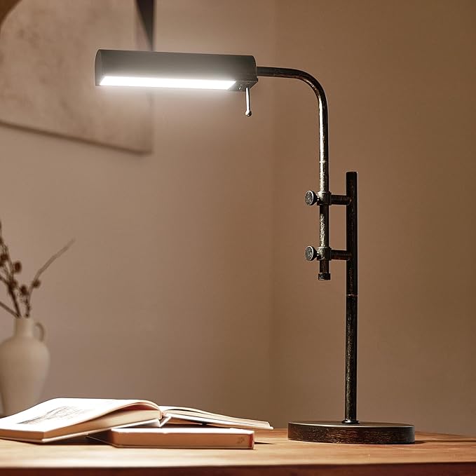 VONLUCE Rustic Desk Lamp, Adjustable Industrial Style Metal Table Lamp, 3 Color Temperatures LED Reading Lamp for Living Room Bedroom Office, Antique Black