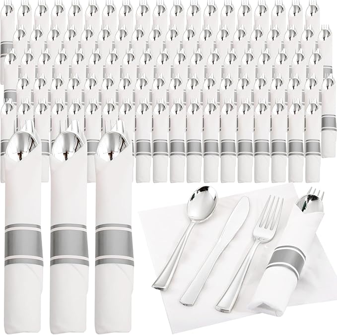 Supernal Silver Plastic Silverware,Rolled Plastic Silverware,Pre Rolled Napkins with Plastic Cutlery Set,Wrapped Plastic Cutlery Set with Napkin,Silverware Set Disposable Dinnerware Set 120 Guests