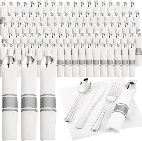 Supernal Silver Plastic Silverware,Rolled Plastic Silverware,Pre Rolled Napkins with Plastic Cutlery Set,Wrapped Plastic Cutlery Set with Napkin,Silverware Set Disposable Dinnerware Set 120 Guests
