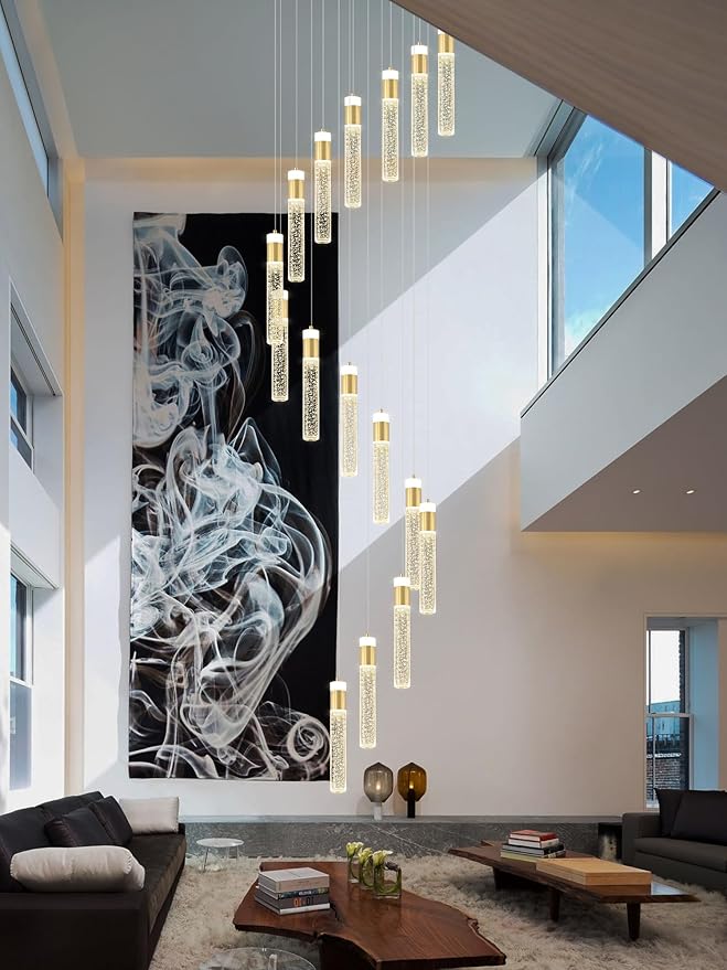 118inch Long Spiral Staircase Chandelier for High Ceilings Gold Crystal Bubble Column Chandeliers Large Foyer Ceiling Chandeliers (Led Dimmable 16 Light)