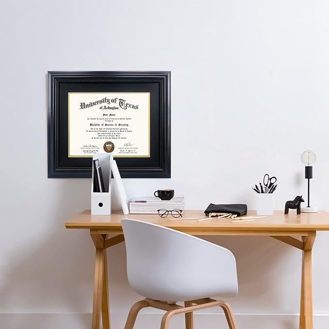 11x14 Diploma Degree Frame with Mat or Display 15x18 Certificates without Mat,Solid Wood,Black Finish with Intricate Black Rope Detail,UV Protection Acrylic