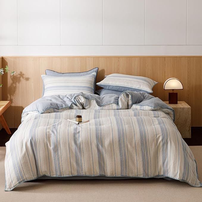 VM VOUGEMARKET Pinstripes Duvet Cover Set Queen 3 Pieces Muslin Cotton Bedding Set with Zipper Closure,Blue White Stripes Duvet Cover Queen Size(No Comforter)