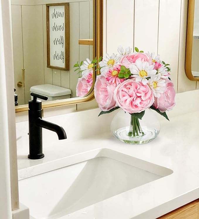 Hollyone Pink Roses Peonies Mums Artificial Flower Arrangement in Glass Vase White Silk Peony David Austin Rose Little Daisy Mixed Faux Flowers with Faux Water with Vase Fake Floral Bouquet Home Decor