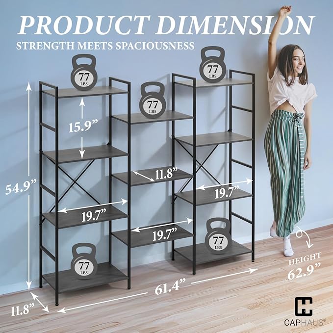 CAPHAUS Triple Column 4 Tier Bookshelf, Industrial Triple Bookcase with 11 Open Display Shelves, Adjustable Wide Shelf for Living Room, Bedroom, Home and Office, Dark Grey