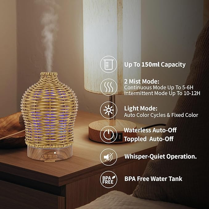 Essential Oil Diffuser - Multifunction Aromatherapy Diffuser 7 LED Color Changing Light 150ML Rattan Diffuser Easy to Clean Suitable for Home,Office（Brown）