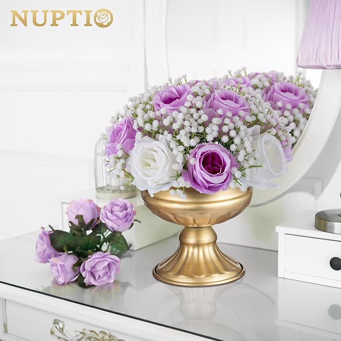 NUPTIO Babys Breath Artificial Flowers: 2 Pcs 8.6 inch Diameter Lilac Fake Rose Ball Arrangement Bouquet Centerpiece for Wedding Tables Event Party Decor