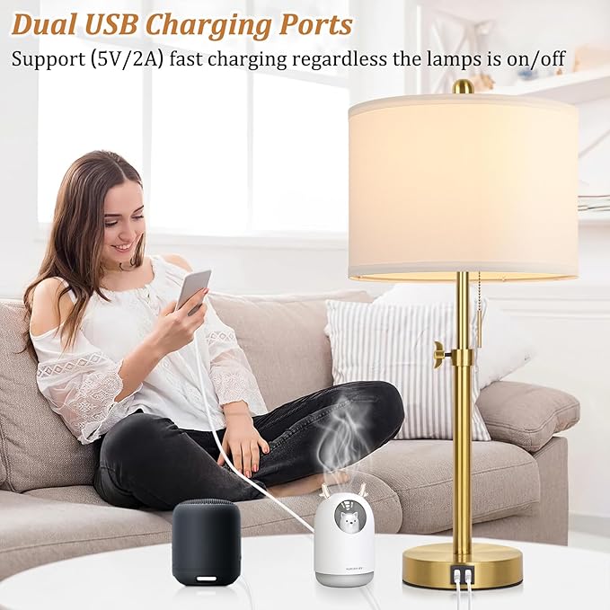 Table Lamp Set of 2, Bedside Lamp with 2 USB Ports, Gold Tall Table Lamp for Living Room End Tables, 23" to 30" Height Adjustable Lamp for Bedroom, Farmhouse Table Lamps with Pull Chain, E26