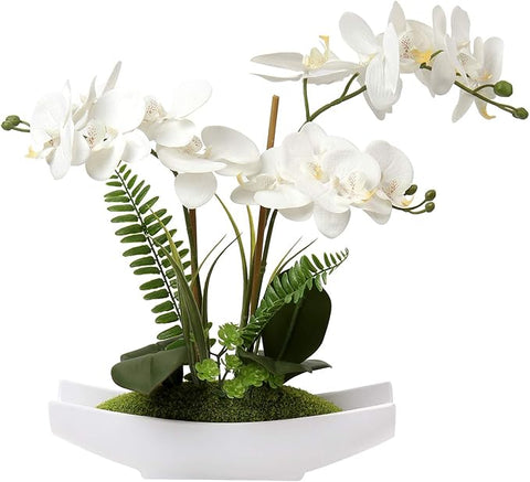 Briful Orchids Artificial Flowers 15" Large Fake Orchid White Phalaenopsis Orchid Flower Arrangements with Vase Faux Orchid for Home Living Room Table Centerpiece Office Table Decor
