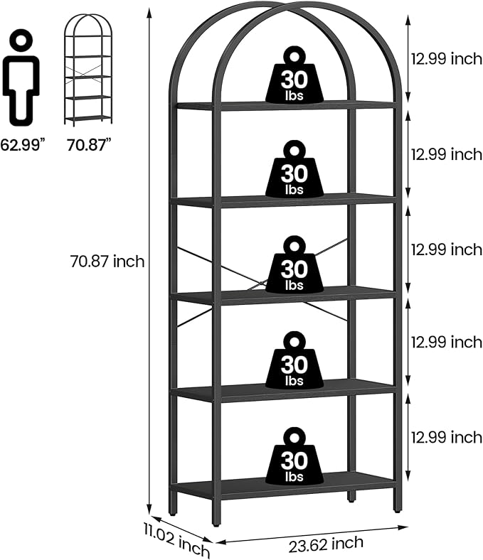 IDEALHOUSE Bookshelf 5 Tier Bookcase Arched Display Racks Tall Standing Bookshelves Metal Frame Open Storage Rack Shelf Large Black Book Shelf for Bedroom, Living Room, Home Office
