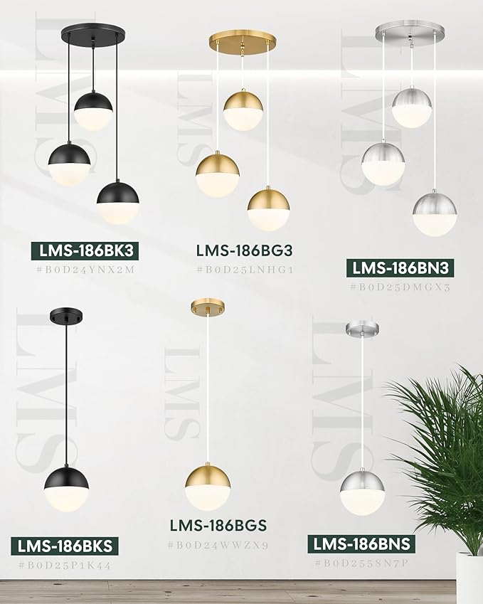 LMS Mid Century Pendant Lights, Brushed Nickel Kitchen Island Light Fixtures with White Globe Glass Shade, Adjustable Hanging Cord, 2-Pack for Home Office Dining Room Bathroom, LMS-186PL-BNWS2PK