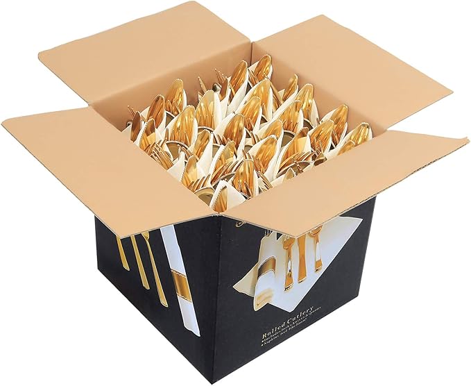 Supernal Pre Rolled Napkin with Gold Plastic Silverware Set of 30pack, Disposable Gold Silverware with Linen Napkin, Heavy Weight, Wrapped Plastic Silverware Suit for Wedding, Catering Event, Party