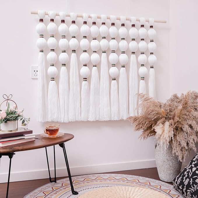Remmdan Large Macrame Wall Hanging: Extra Large Macrame Wall Decor, Boho Sphericity Fibre Yarn Art, Handmade Bohemian Woven Tapestry for Living Room Bedroom Wedding, 39" W x 30" L, White