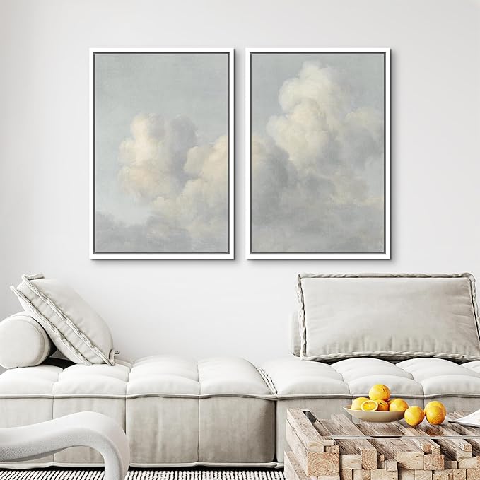 MUDECOR Framed Wall Art Print Set Elegant Cloudscape Vintage Soft Sky Illustrations Modern Minimalist Chic for Living Room, Bedroom, Office - 16"x24"x2 White