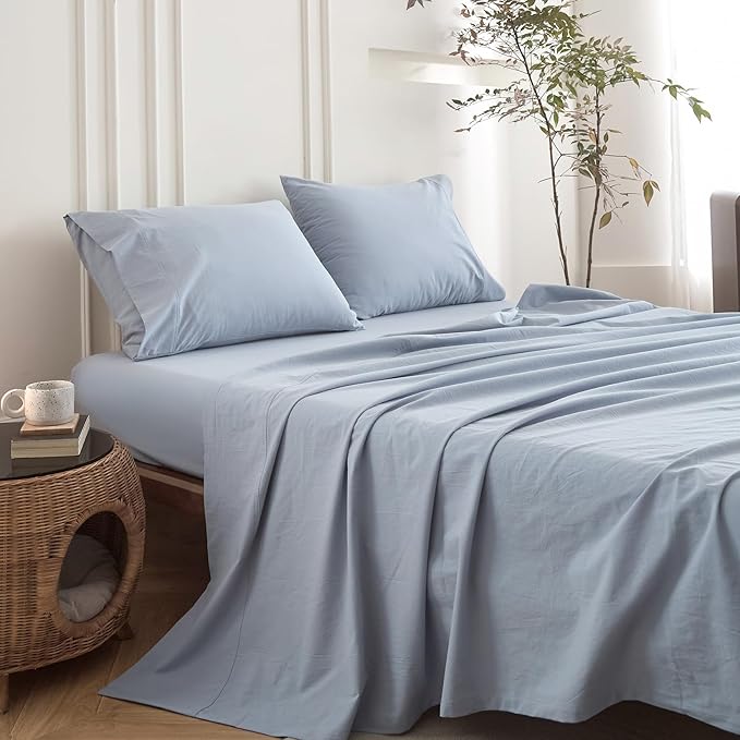 6PS Linen Like Bedding Sheet Sets Cornflower Blue Cotton Bedding Set Oeko-TEX Standard 100% Washed Cotton Deep Pocket Queen Size Fitted Sheet Plus Cozy Flat Sheet and 4 Pillowcases