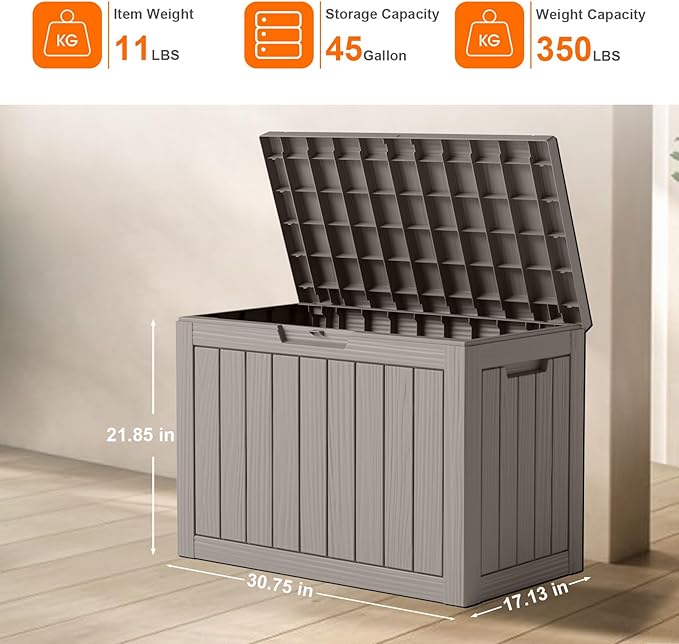 ROJIK Outdoor Storage Housing Deck Box - Waterproof Patio Furniture, Garden Tools, Cushions, Pool Accessories Storage Bench with Lockable Lid and Side Handles (Grey 48 Gal)