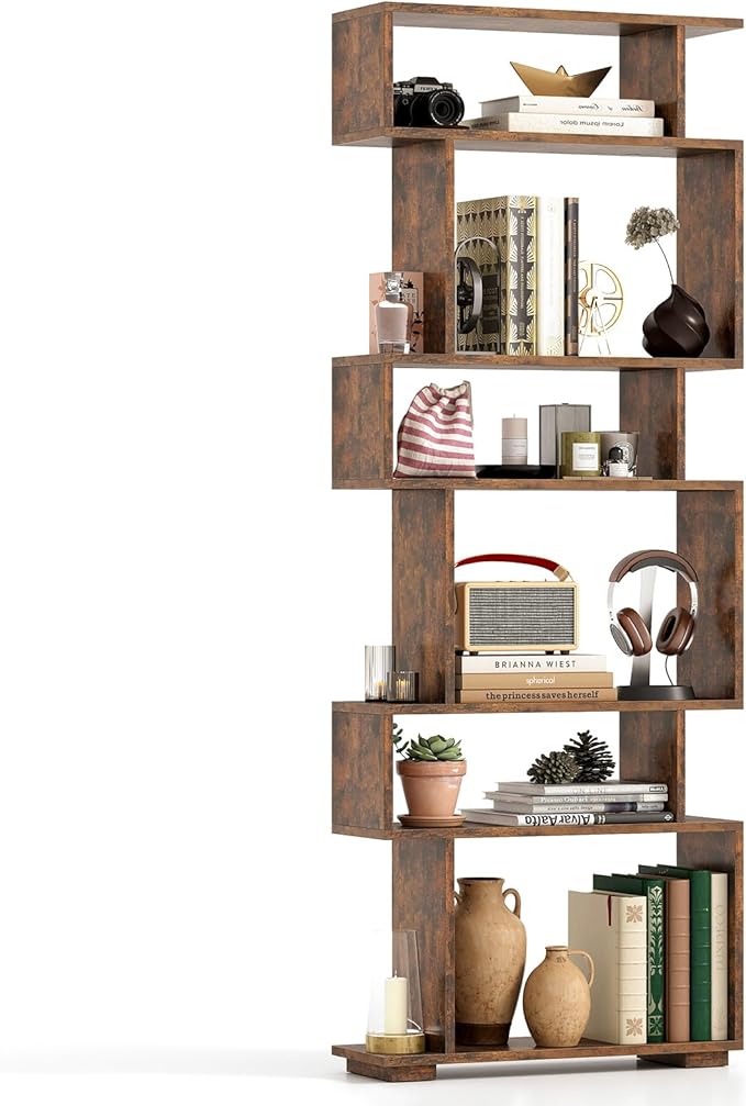 Tangkula 6-Tier S-Shaped Bookshelf, 64" Freestanding Geometric Bookcase, Home Office Wood Storage Shelf with Anti-Toppling Device, Room Divider Display Rack for Study, Living Room (1, Rustic Brown)