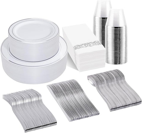 bUCLA 350PCS Silver Plastic Dinnerware Set for 50 Guests - Silver Plates Disposable Include 50 Dinner & 50 Dessert Plates,50 Forks,50 Knives,50 Spoons,50 Cups,50 Napkins for Party