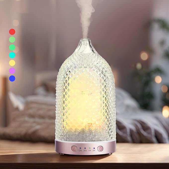 7 Colors Glass Diffuser, 200ML Essential Oil Diffuser, Ultrasonic Aromatherapy Diffuser with Timer, Auto-Off Protection, Cool Mist Aroma Diffuser for Home, Office,Yoga (Rose Gold)