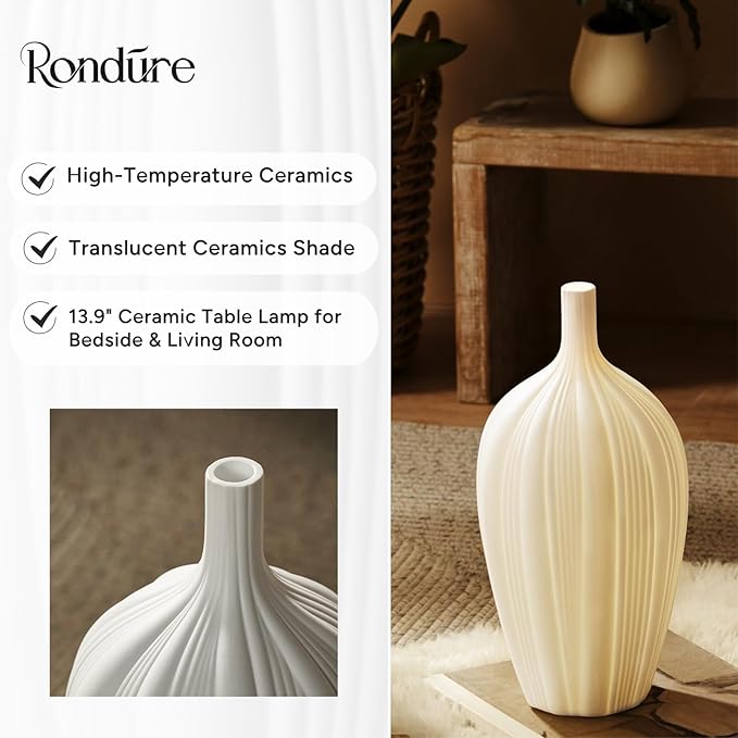 RONDURE 13.9" Modern Ceramic Table Lamp, Modern Bedside Lamps for Bedroom, Living Room and Nightstand, White Translucent Ceramic Shade, Warm Ambient Lighting, Home Decor