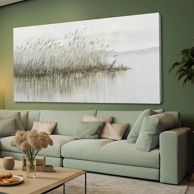 WINKAILIN Grey Pictures Wall Decor Landscape Wall Art Reed and Egret Painting on Canvas Vintage Posters for Room Bedroom Living Room Home Decor 29x58 Inch