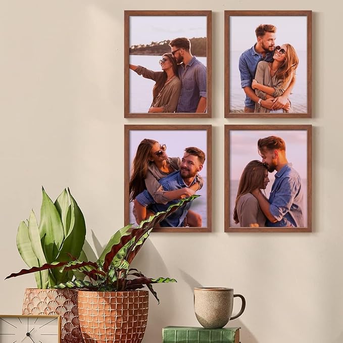 Renditions Gallery Set of 4, 11X14 Custom Photo Prints with Real Wood Picture Frames. Create Personalized Photos with Peel & Stick Photo Frames. Brown Frame