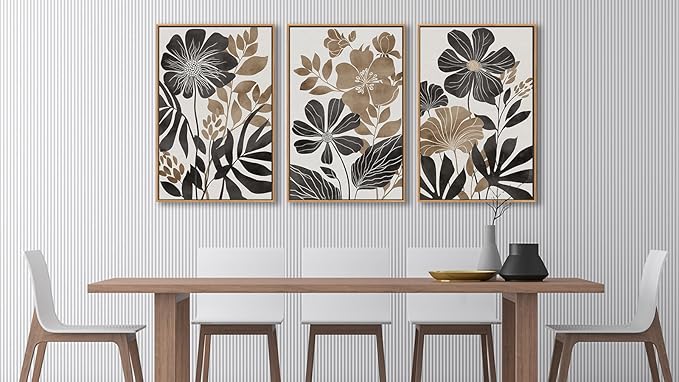 Large Framed Canvas Wall Art - Natural Float Framed Rustic Black Flowers Leaves Pictures Decor Brown Floral Foliage Artwork for Bedroom Living Room Kitchen Home Office Decoration 48" X 24" Set of 3