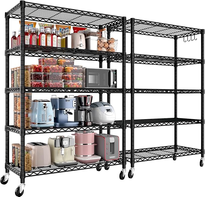 PrimeZone 2 Pack 5 Tier Wire Shelving Rack Storage Shelves with Wheels,Adjustable Rolling Heavy Duty Metal Shelving Unit,Utility Shelf for Kitchen Garage Closet Pantry Laundry 36" W x 14" D x 74" H