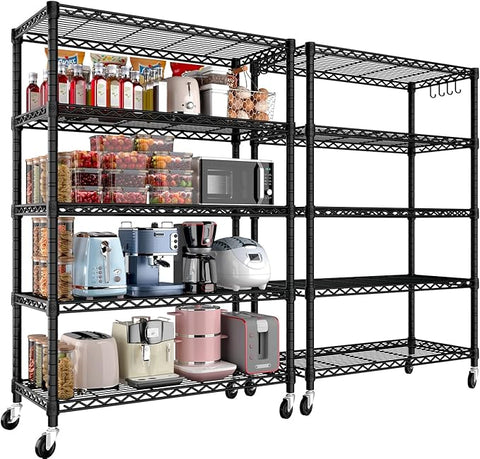 PrimeZone 2 Pack 5 Tier Wire Shelving Rack Storage Shelves with Wheels,Adjustable Rolling Heavy Duty Metal Shelving Unit,Utility Shelf for Kitchen Garage Closet Pantry Laundry 36" W x 14" D x 74" H