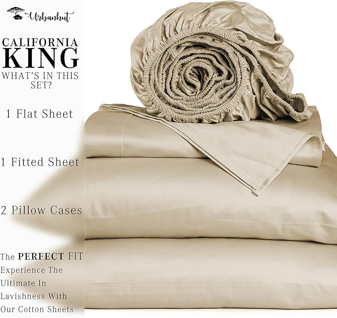URBANHUT 700 Thread Count Egyptian Cotton Sheets California King Size, 4Pc Sheet Set Soft Luxury Bed Sheets for Cal King Size Bed, Sateen Weave Hotel Sheets, 16'' Elasticized Deep Pocket - Sand