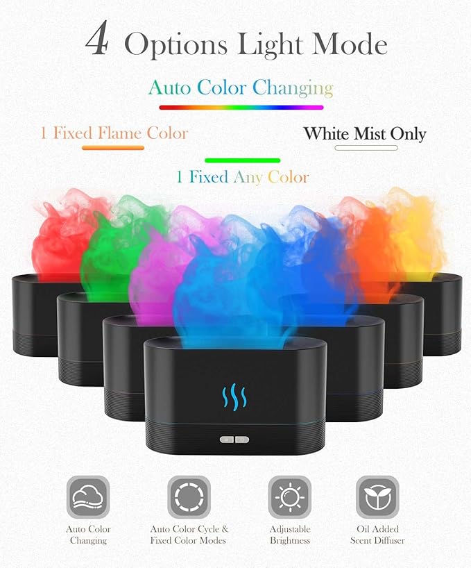 Essential Oil Diffuser,Humidifier with 7 Colors Flame Light,180ml Air Humidifiers for Bedroom, Home, Office, Gifts - Portable,Auto-Off Protection,4 Modes Mist(White)