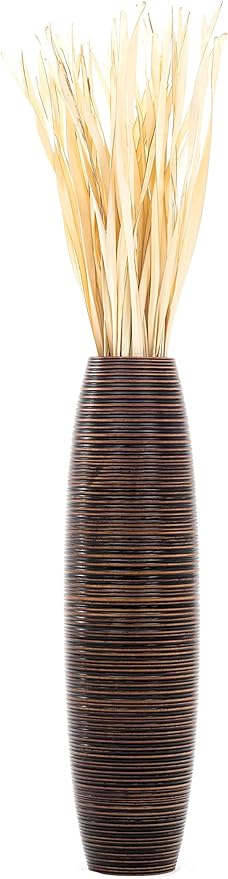 Leewadee Large Brown Home Decor Floor Vase – Wooden 26 inches Tall Farmhouse Decor Flower Holder for Fake Plant and Pampas Grass