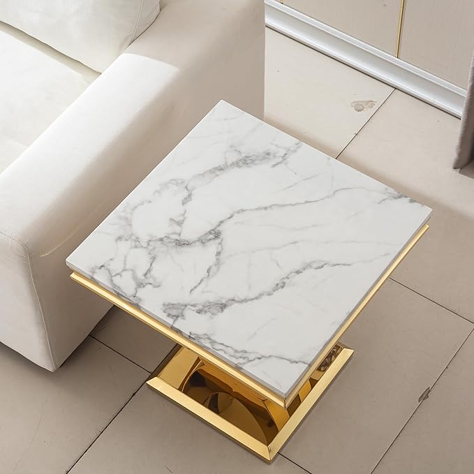 SSLine Modern White Faux Marble End Table Luxury Square Sofa Side Table with Gold U-Shape Base Mid-Century Elegant Bedside Table w/Mirrored Stainless Steel Frame for Living Room Bedroom