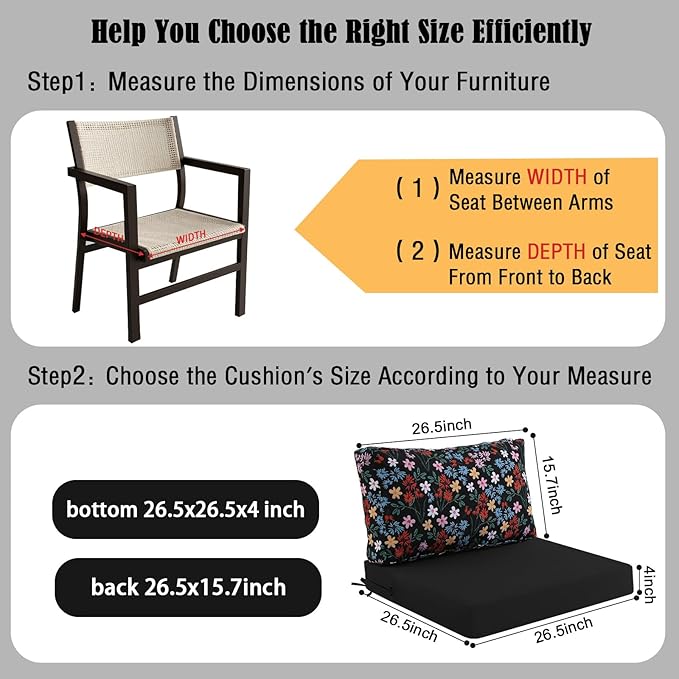 idee-home Outdoor Cushions for Patio Furniture, Outdoor Seat Cushion, Waterproof Hampton Bay Deep Seat Replacement Couch Chair Cushions for Garden Lawn Backyard Deck, 26.5 x 26.5 Floral Pattern