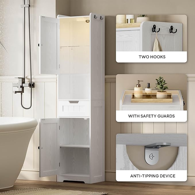 LIKIMIO 68" Tall Bathroom Storage Cabinet with Lights, Narrow Storage Cabinet with Adjustable Shelves, 2 Doors, 2 Hooks & 1 Drawer, Slim Freestanding Cabinet for Bathroom, Living Room, Kitchen, White