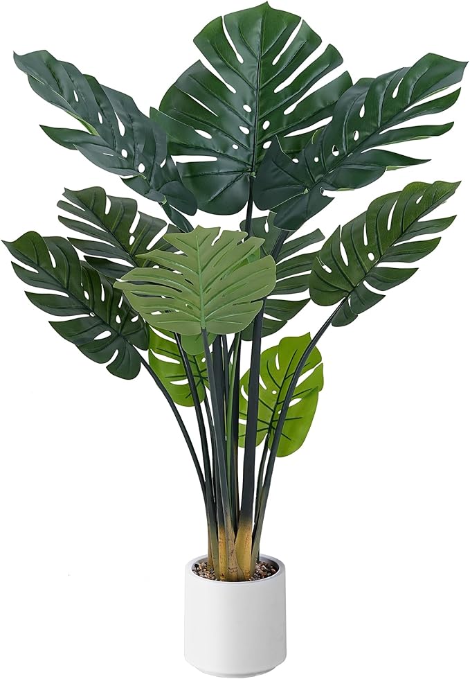 Artificial Monstera Deliciosa Plants, 4FT Faux Monstera Plant with White Planter, Swiss Cheese Plant with Green Leaves Stems, Fake Tropical Silk Tree for Indoor Office House Living Room Home Decor