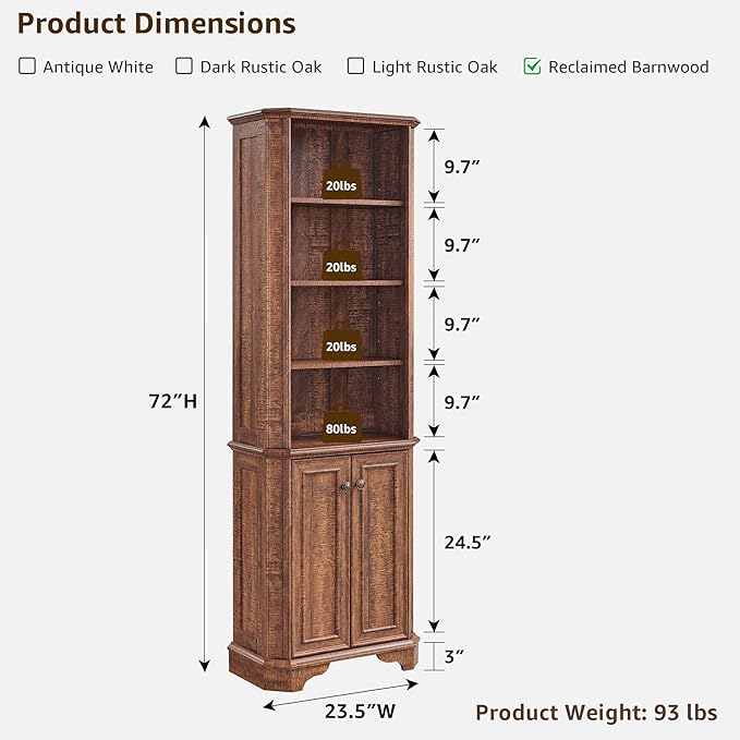 OKD 6-Tier Bookcase with Doors, 72" Tall Farmhouse Bookshelf with Storage & Adjustable Shelves, Wooden Floor Standing Display Book Shelf Organizer for Home Office,Reclaimed Barnwood